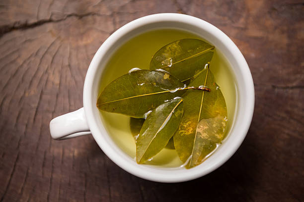 Andean South American coca tea leaves infused in white mug and saucer Andean South American coca tea leaves infused in white mug and saucer